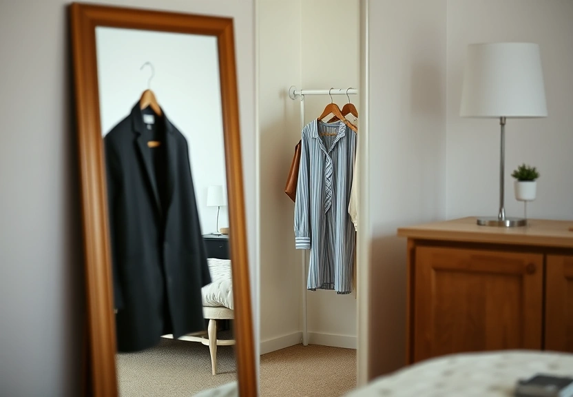 Espelho refletindo o canto do quarto, com uma roupa pendurada