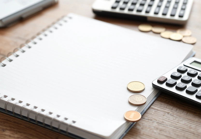 Caderno fechado, calculadora e moedas sobre a mesa de madeira