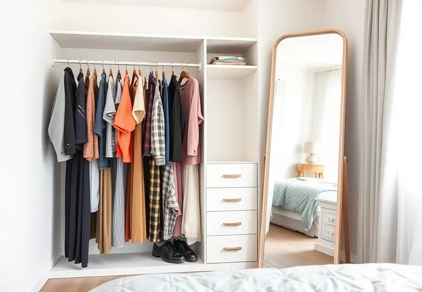 Guarda-roupa aberto com peças penduradas e um espelho de corpo inteiro