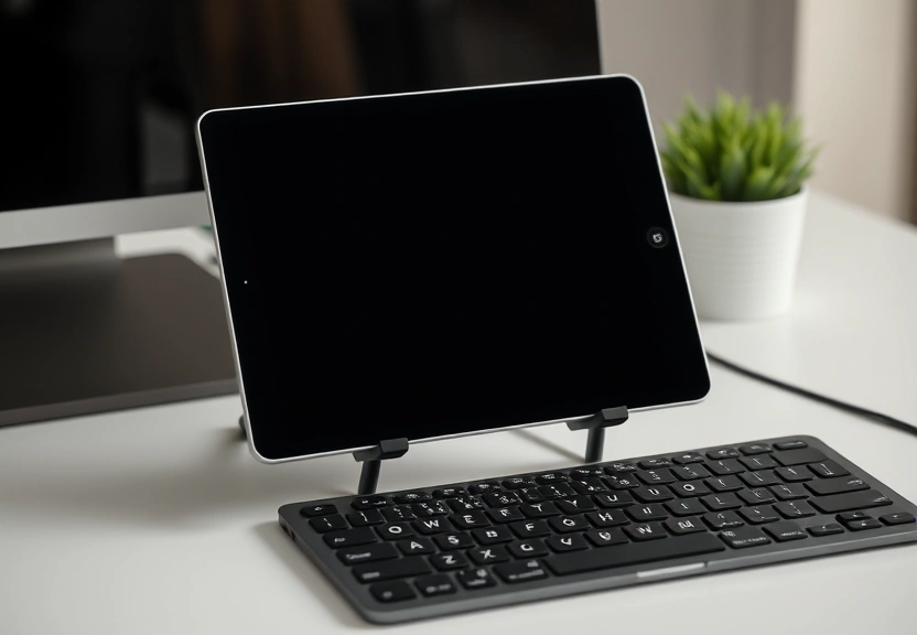 Tablet num suporte ao lado de um teclado, sobre mesa limpa