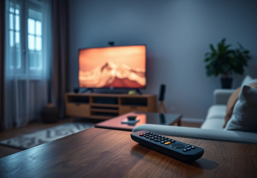 Televisão da sala ligada à noite, com o controle remoto sobre a mesa