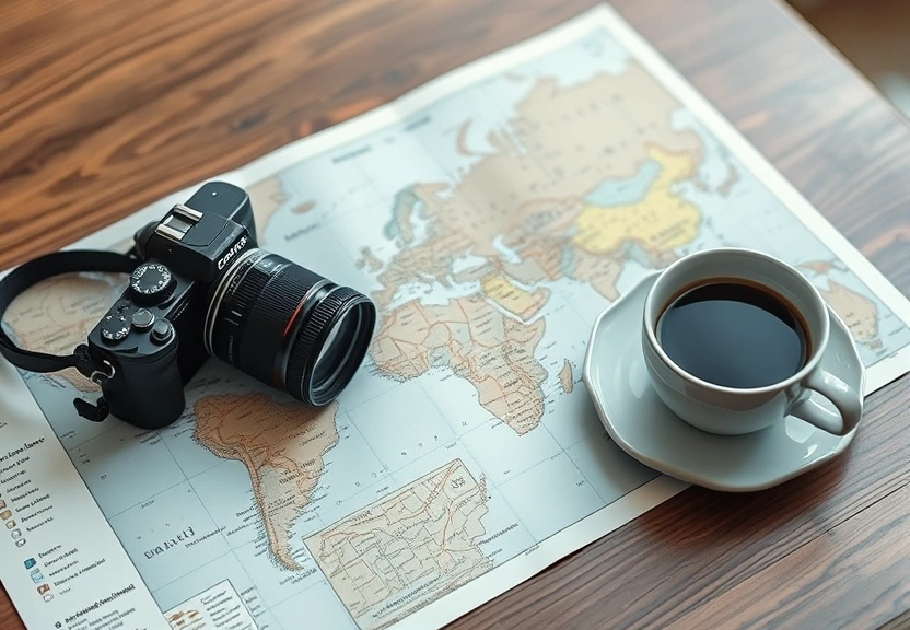 Mapa e câmera sobre a mesa, ao lado de uma xícara de café