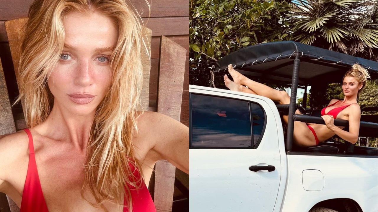 Cintia Dicker usa biquíni vermelho nos Lençóis Maranhenses