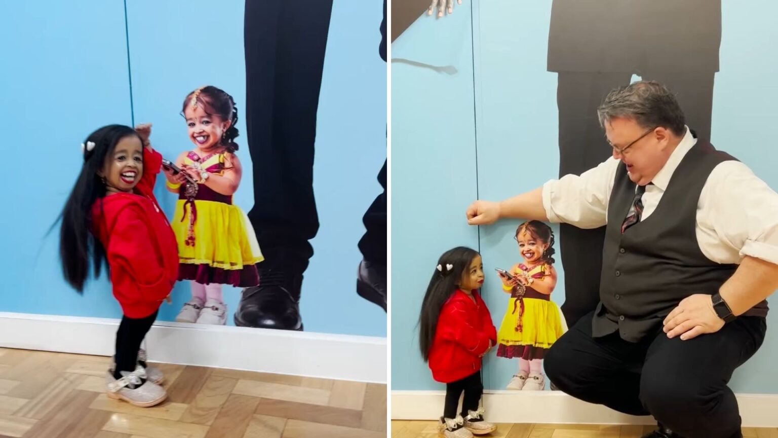 Menor mulher do mundo encontra cartaz com sua foto em tamanho real Menor mulher do mundo encontra cartaz com sua foto em tamanho real