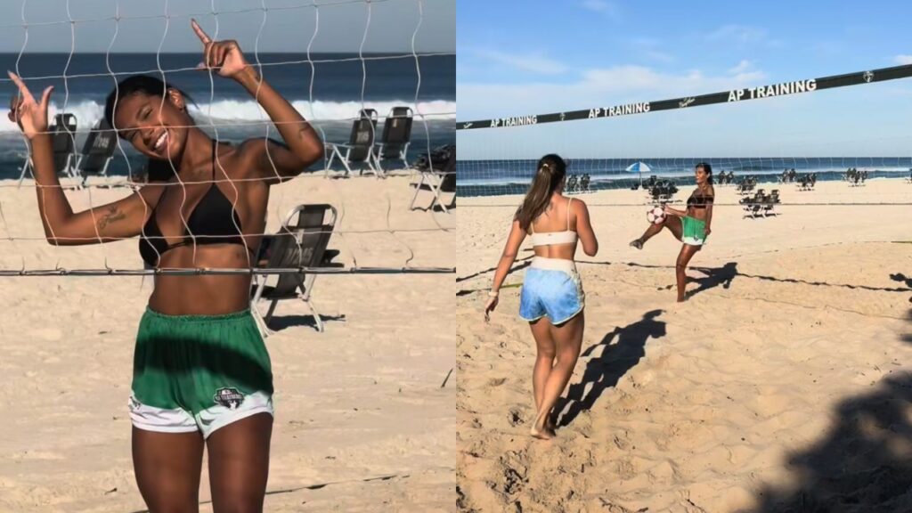 Pocah treina futevôlei na praia e começa o dia com estilo