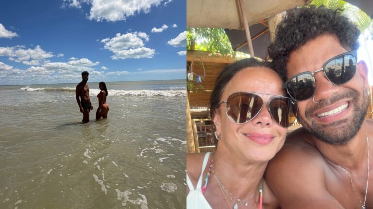 Viviane Araujo curte praia no Ceará com marido e filho