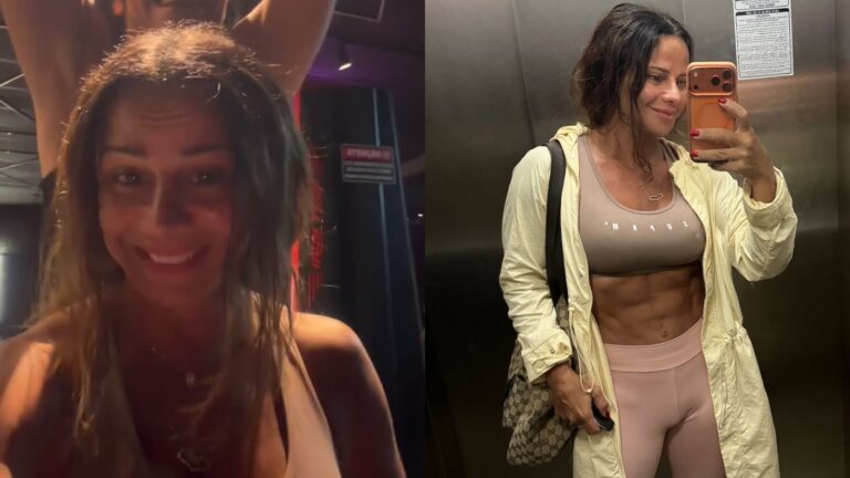 Viviane Araujo exibe umbigo pós-cirurgia em look fitness