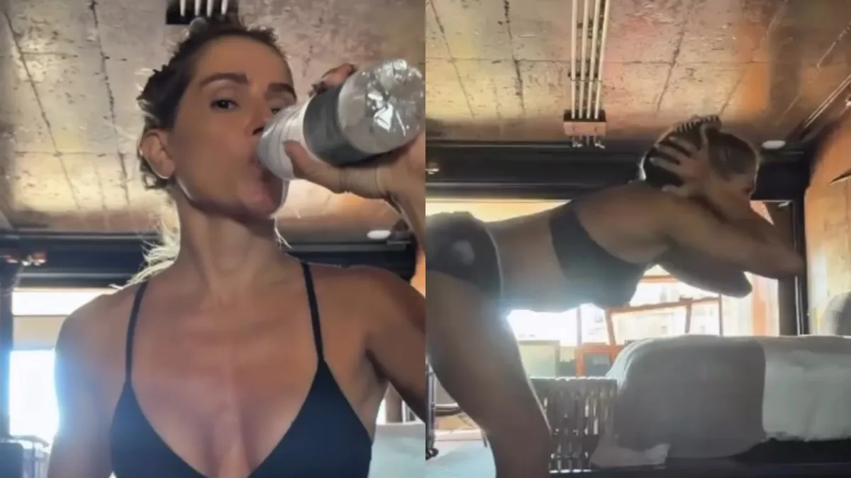 Deborah Secco treina em casa e exibe séries de exercícios
