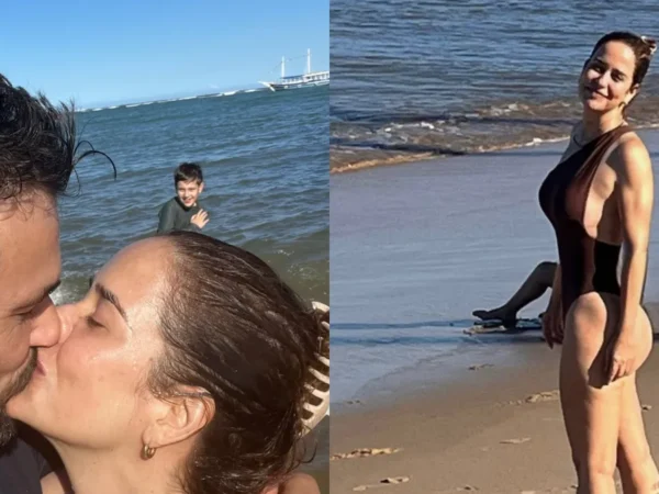 Palomma Duarte e Bruno Ferrari trocam beijos na praia da Bahia