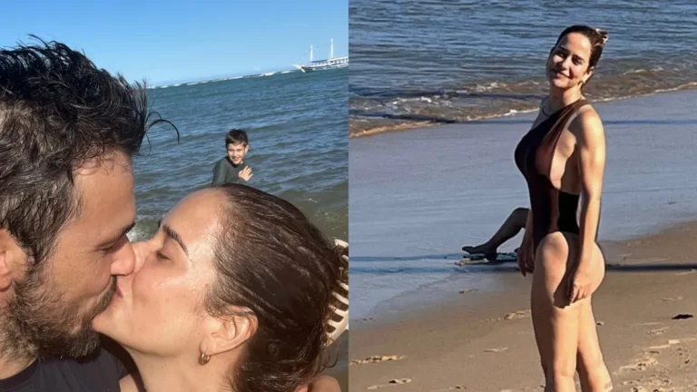 Palomma Duarte e Bruno Ferrari trocam beijos na praia da Bahia