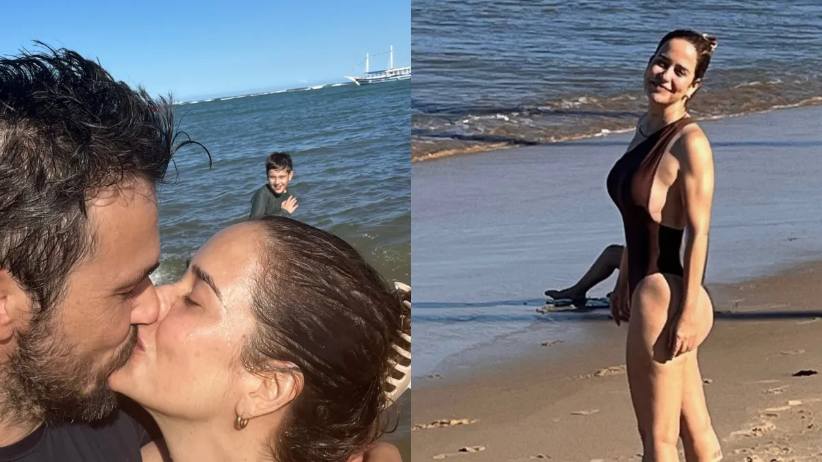 Palomma Duarte e Bruno Ferrari trocam beijos na praia da Bahia