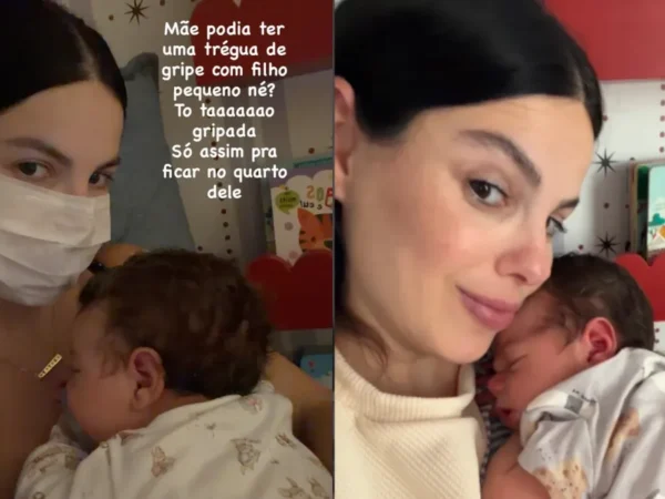 Sthefany Brito usa máscara para proteger filho caçula da gripe
