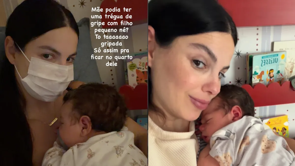 Sthefany Brito usa máscara para proteger filho caçula da gripe