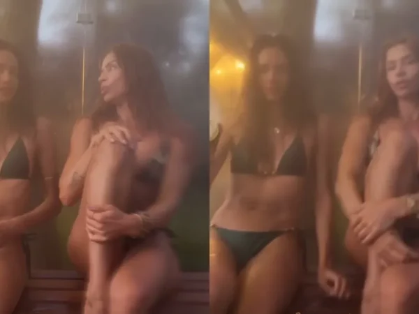 Grazi Massafera relaxa em sauna na mata em Noronha