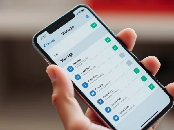 mão segurando celular com tela de armazenamento e uso de aplicativos