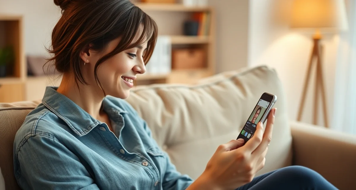 mulher assistindo vídeo no celular sentada no sofá da sala