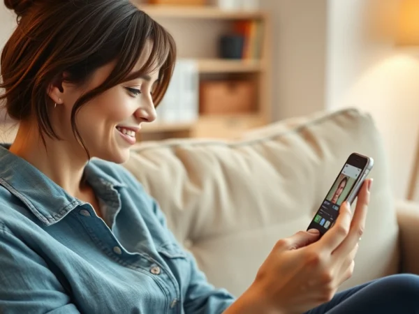 mulher assistindo vídeo no celular sentada no sofá da sala