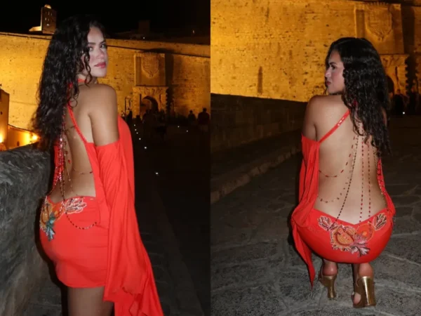 Maisa ousa em look vermelho de costas abertas e impressiona