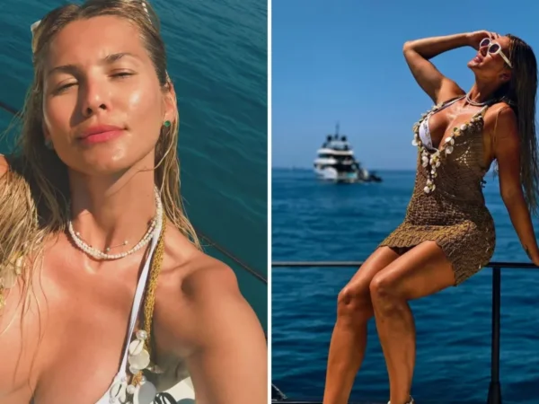 Lívia Andrade de crochê em passeio de barco na Espanha