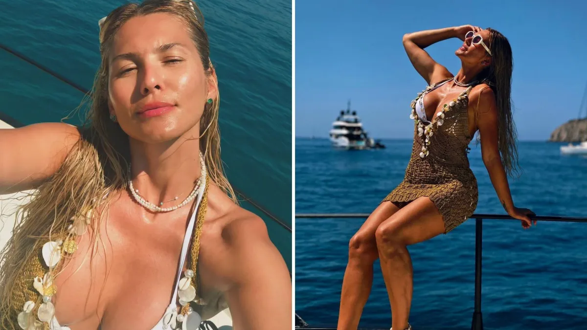 Lívia Andrade de crochê em passeio de barco na Espanha